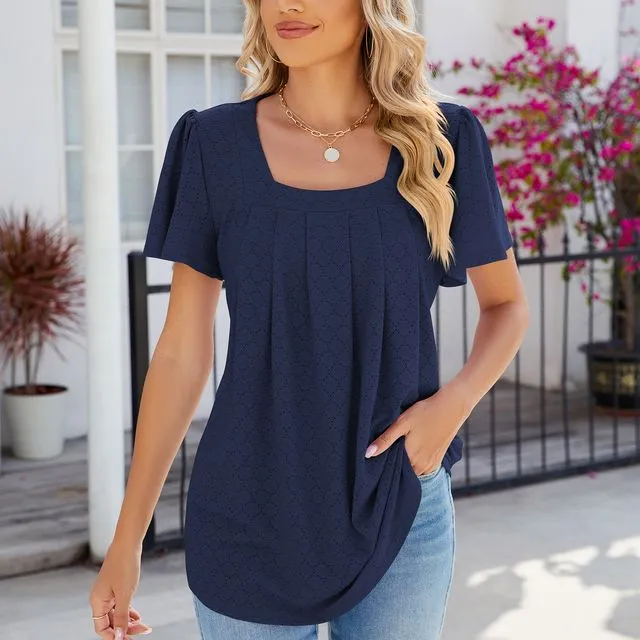 Women's Eyelet Square Neck Puff Short Sleeve Loose Casual Blouse Shirt Top-Navy