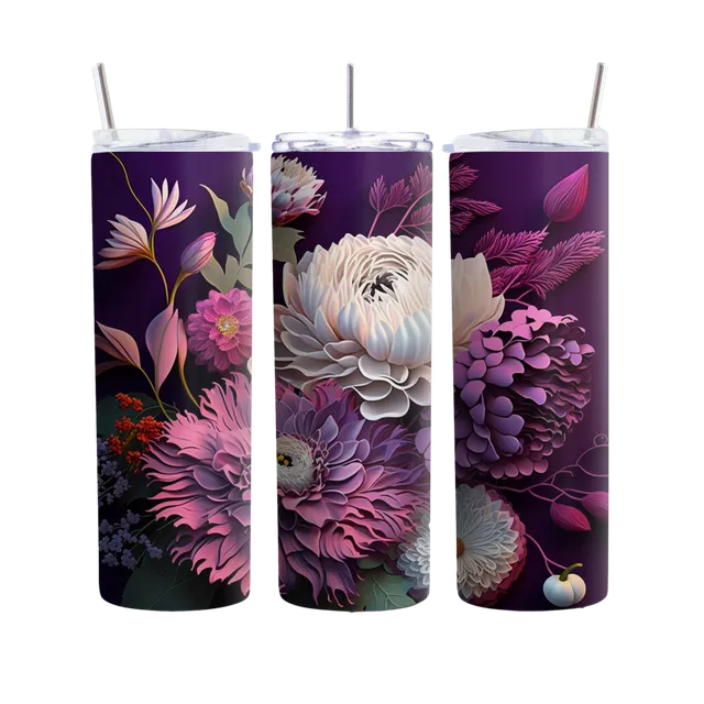 Purple Floral 20oz Tumbler, 3D Flower Design, Ideal Gift for Purple Lovers and Floral Enthusiasts
