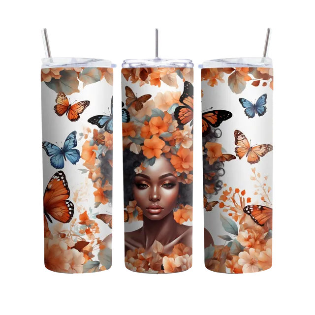 Black Girl Magic 20oz Tumbler, Butterfly and Orange Floral, Inspirational Empowerment, Perfect Gift for Her