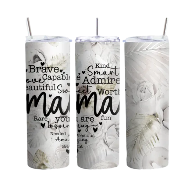 Mama Floral White Tumbler, Stainless Steel 20oz Insulated Cup, Mother's Day Gift, Birthday Gift for Mom, Mom Appreciation