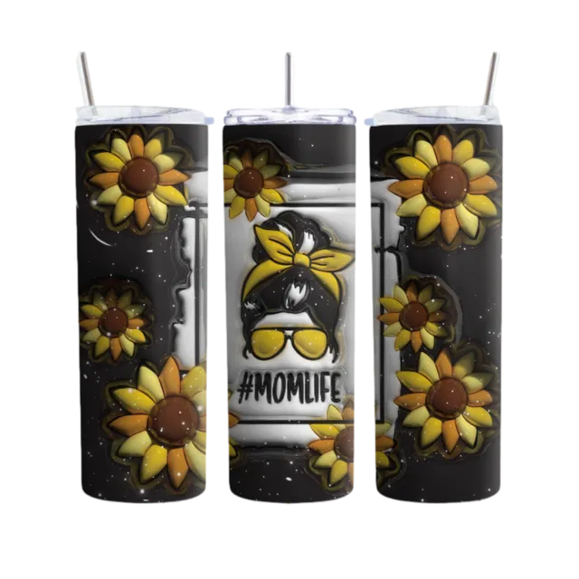 Mom Life Sunflower Tumbler with Messy Bun, 20oz Insulated Cup for Moms, Unique Mother's Day Gift