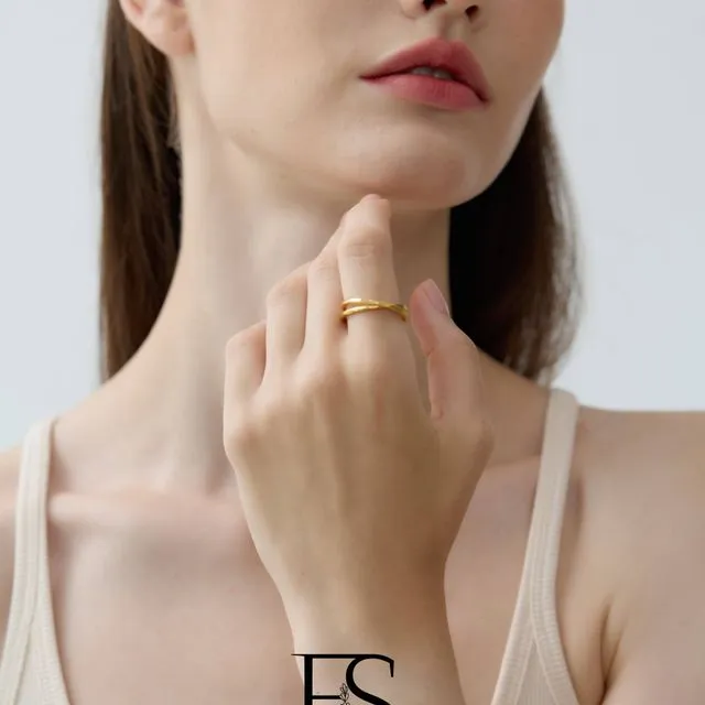 18K Gold Double Layer Band Ring, Gold Band Ring