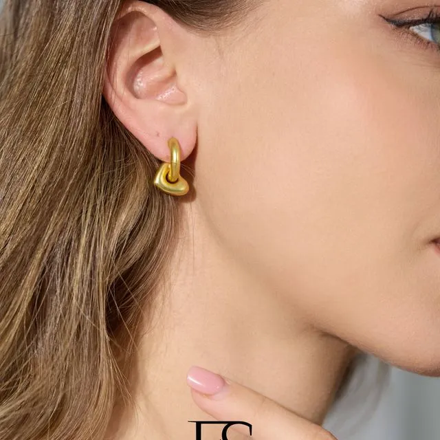 18k gold matte heart drop earring; gold dangle hoop earring