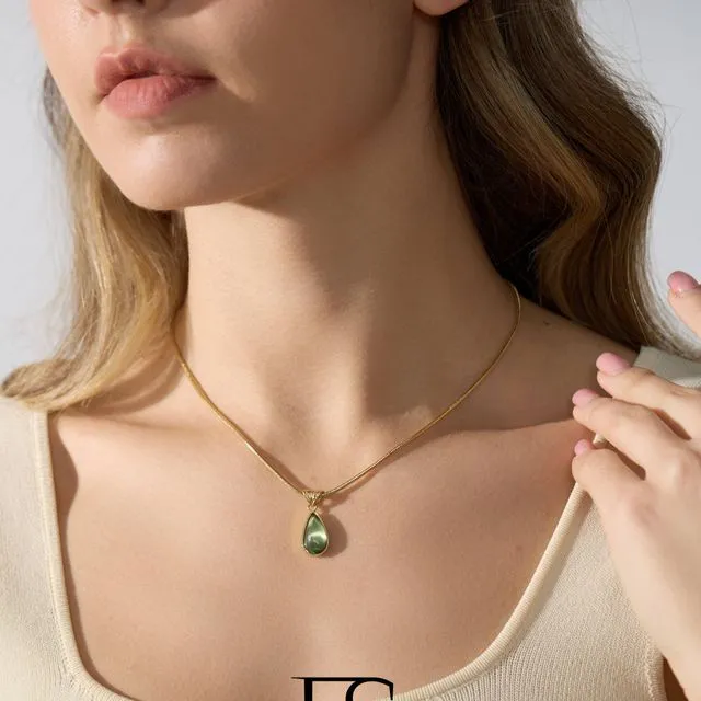 18K Gold Olive Green Teardrop Necklace, Blue Pendant