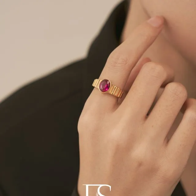 18K Gold Plated Red Ruby Signet Ring, Gemstone Signet Ring