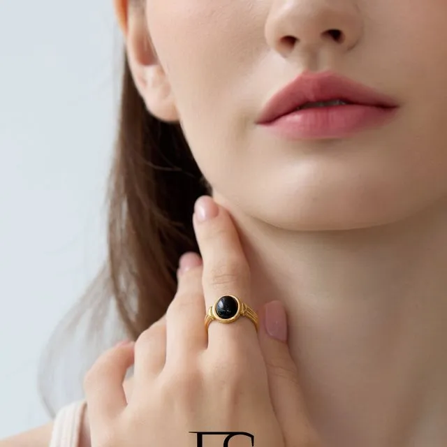 Black Onyx Signet Ring, Non Tarnish Gold Signet Ring
