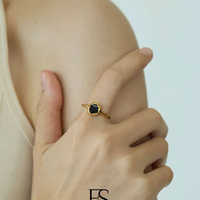 Black Signet Ring, Non Tarnish Gold Band Ring