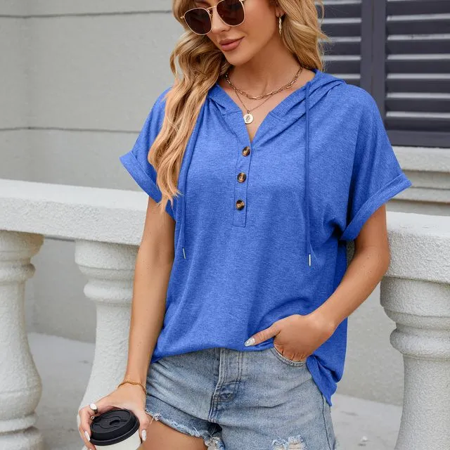Summer Hooded Short Sleeve T-Shirt V-Neck Sweatshirt-Blue