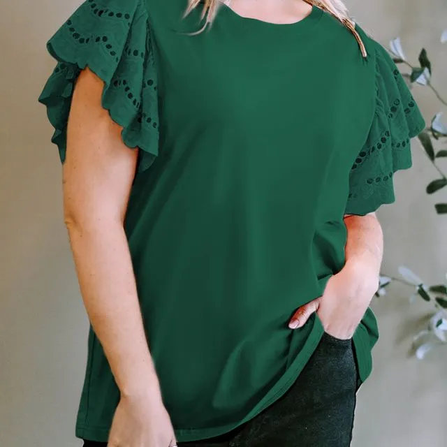 Green Plus Size Flutter Sleeve Top