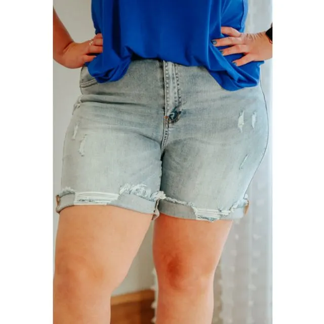 Light Blue Plus Size Distressed Rolled Hem Denim Shorts