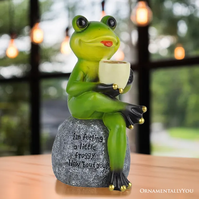 Coffee Drinking Frog Garden Statue with Funny Quote