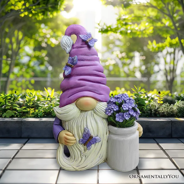 Garden Grace Lavender Gnome Figurine, 10" Purple Home Decor Statue with Butterflies and Flowers
