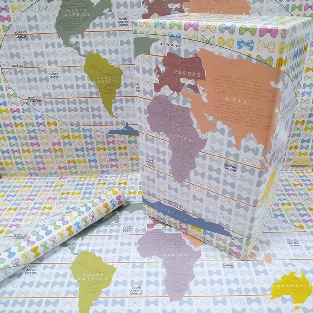 50 World Map Gift Wrapping Paper with Beautiful Attractive Bow Prints