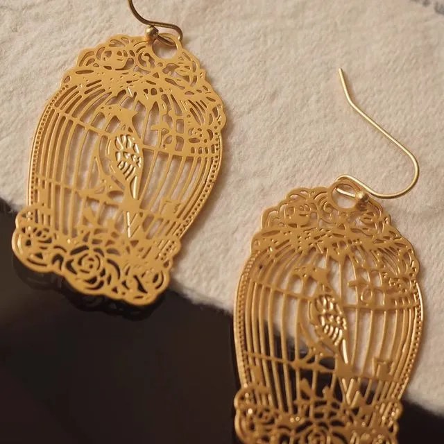 Filigree Style Bird Cage with Rose Hollow Frame Large Drop Earrings