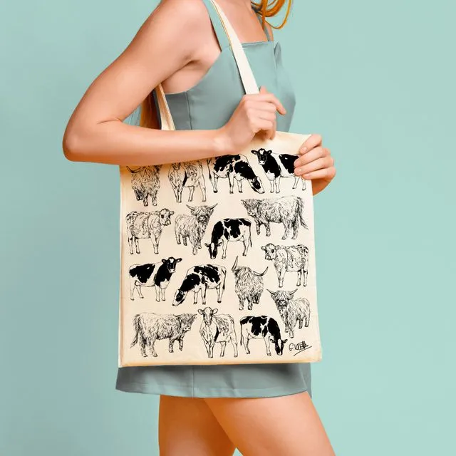 Cows Screen Printed Cotton Tote Bag | Hand Drawn Design by Gemma Keith