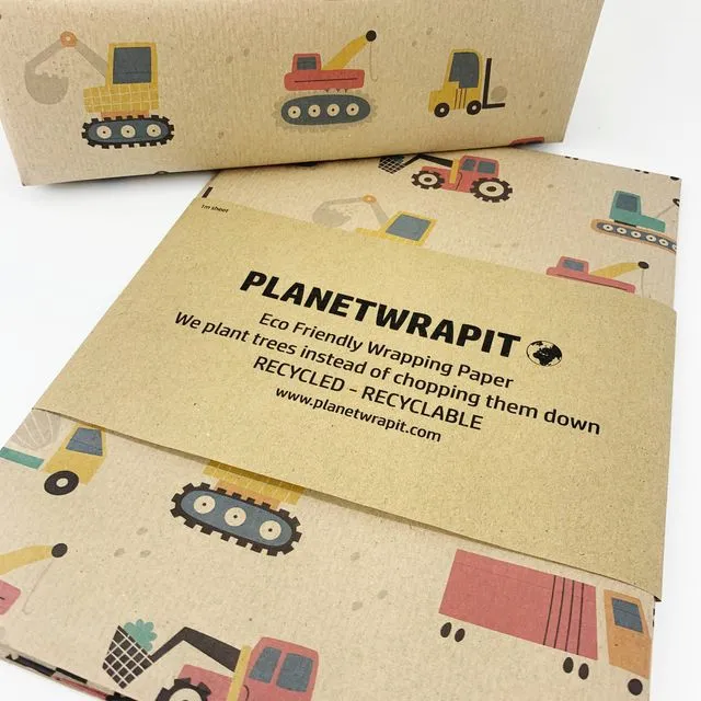 Diggers and Tractor Recycled Eco Kraft Wrapping Paper