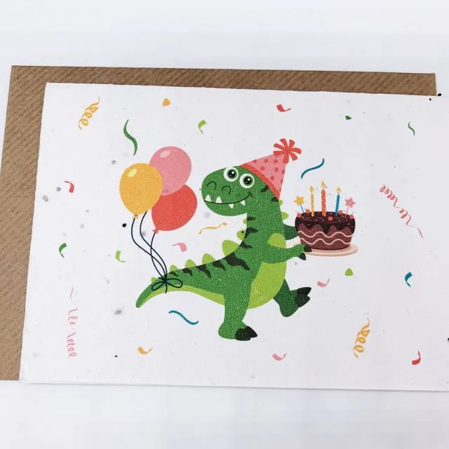 Plantable Greetings Card - Dinosaur holding Cake