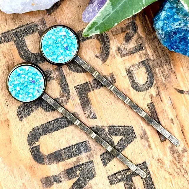 Blue Lace Agate Druzy Bobby Pins