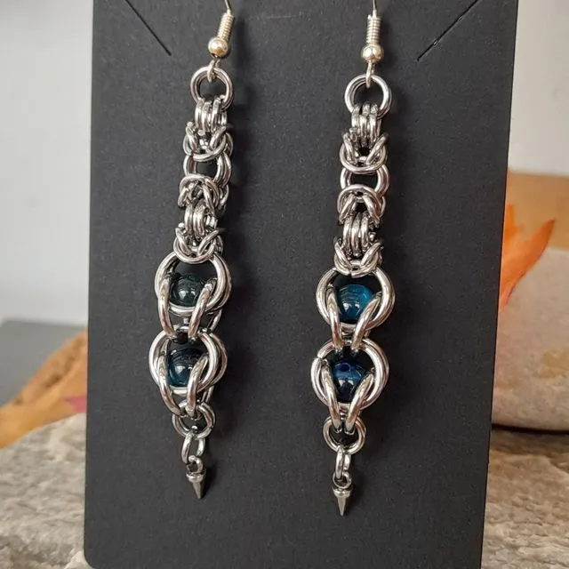 Double Bead dangle and drop chain maille byzantine earrings