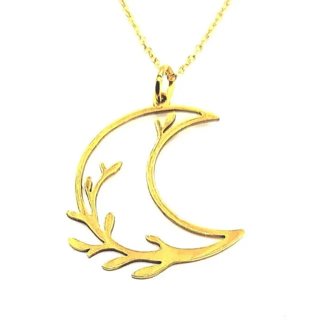 Vine Crescent Moon Gold Plated Stainless Steel Necklace