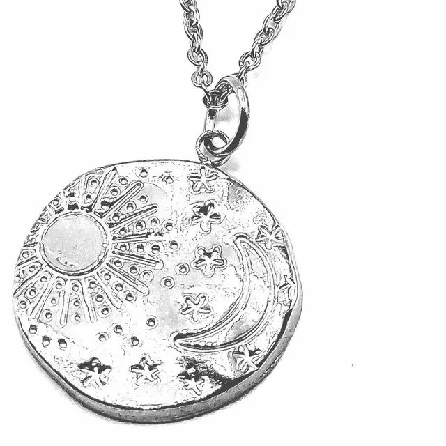 Sun and Stars Uneven Medallion Stainless Steel Necklace