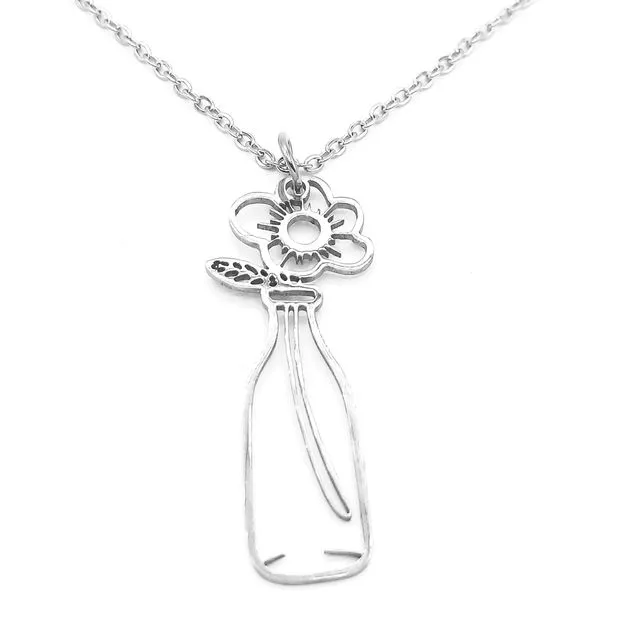 Flower in Vase Stainless Steel Necklace