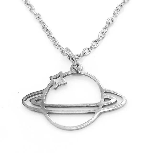 Saturn + Star Outline Stainless Steel Necklace