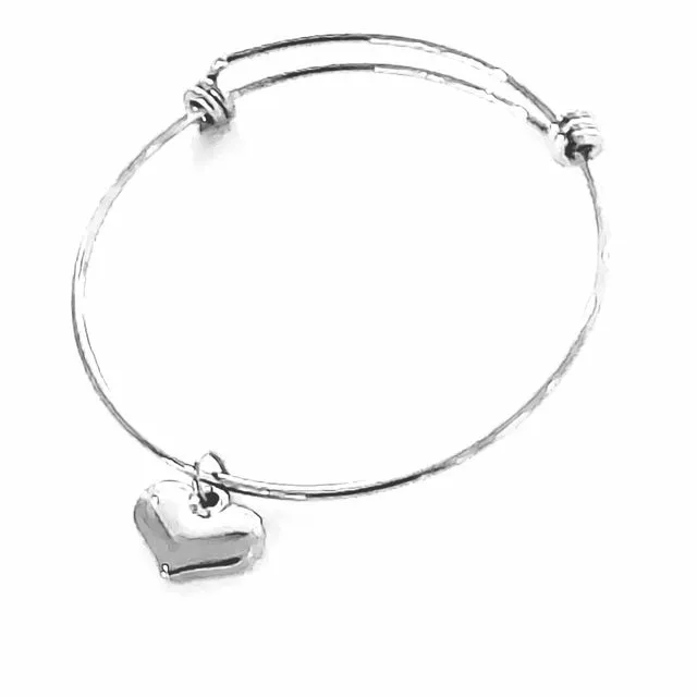 Solid Heart Stainless Steel Wire Charm Bangle Bracelet