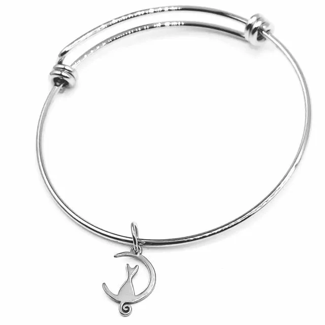 Cat Crescent Moon Stainless Steel Wire Charm Bangle Bracelet