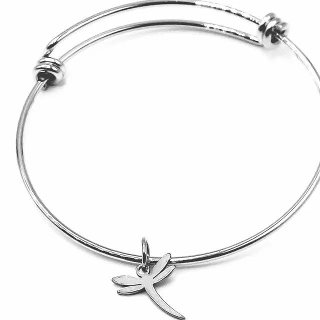 Dragonfly Stainless Steel Wire Charm Bangle Bracelet