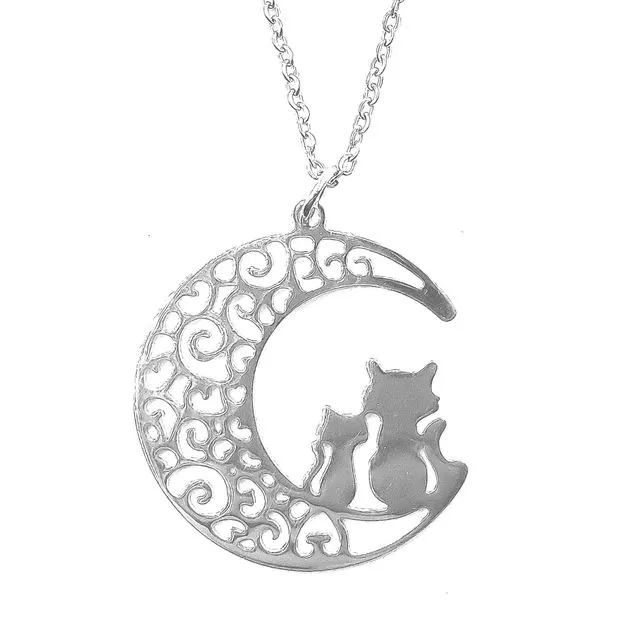 Cats Crescent Moon Cutout Stainless Steel Necklace