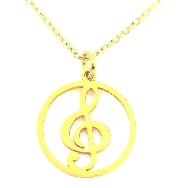 Music Treble Circle Gold Plated Stainless Steel Necklace