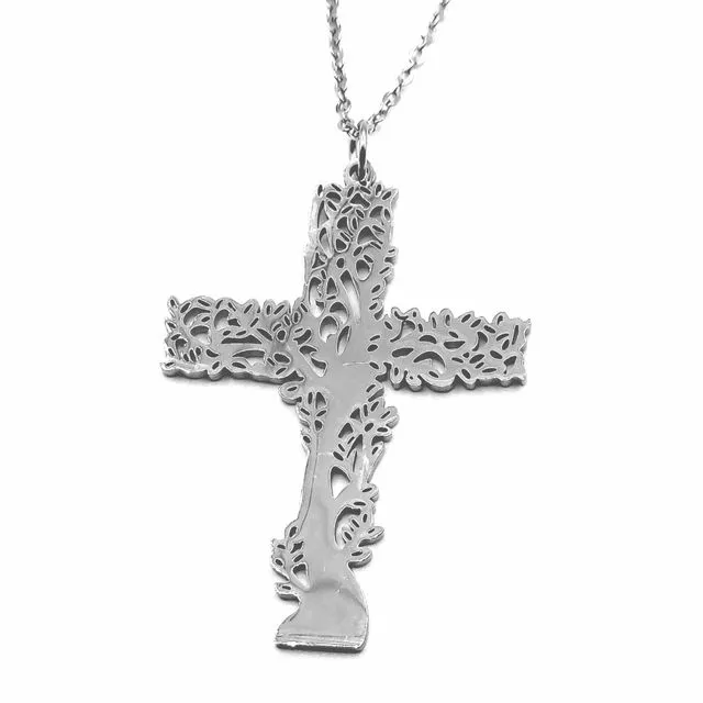 Tree of Life Cross Cutout Stainless Steel Necklace