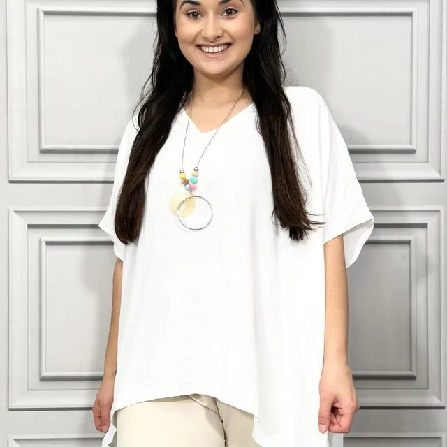 23200 - White Basic T-shirt Top with Soft V Neck