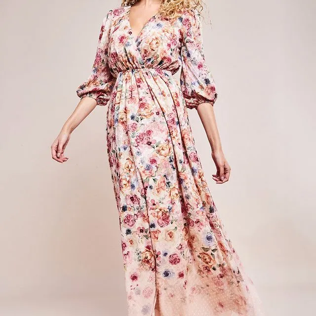 GODDIVA OMBRE FLORAL PRINTED WRAP MAXI DRESS DR4373 IVORY
