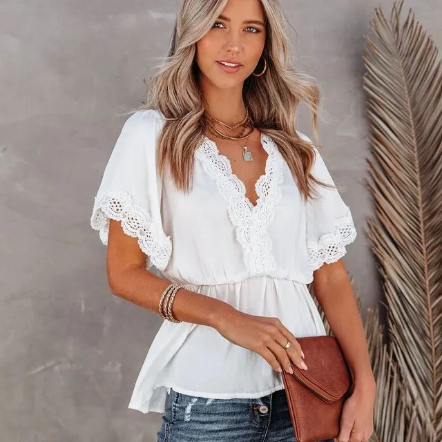 Solid Color Lace Split-Joint Short Sleeves Shirt Tops-WHITE