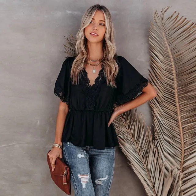 Solid Color Lace Split-Joint Short Sleeves Shirt Tops-BLACK