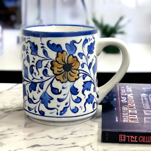 Blue Pottery Tea Coffee Mug - Yellow Flower Design