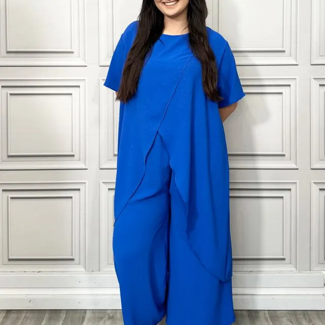 Royal Blue Full Cross-Over Front Short Sleeves and Wide Leg Pants Set