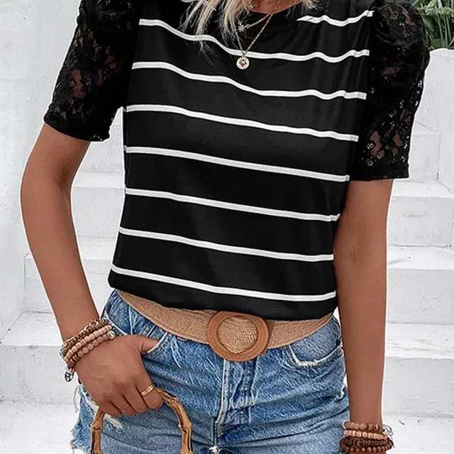 Black Blace Stripe Puff Lace Sleeves Top BFZY732