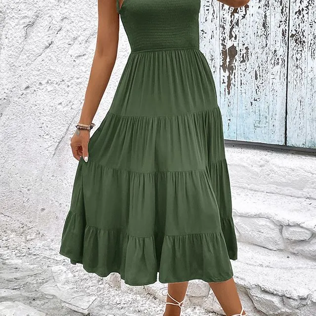 Green Plain Smocked Tie Strap Cami Tiered Dress BFZY536