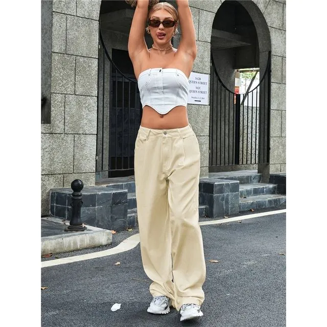Slim Casual High-Waisted Loose Floor-Length Denim Trousers - Apricot