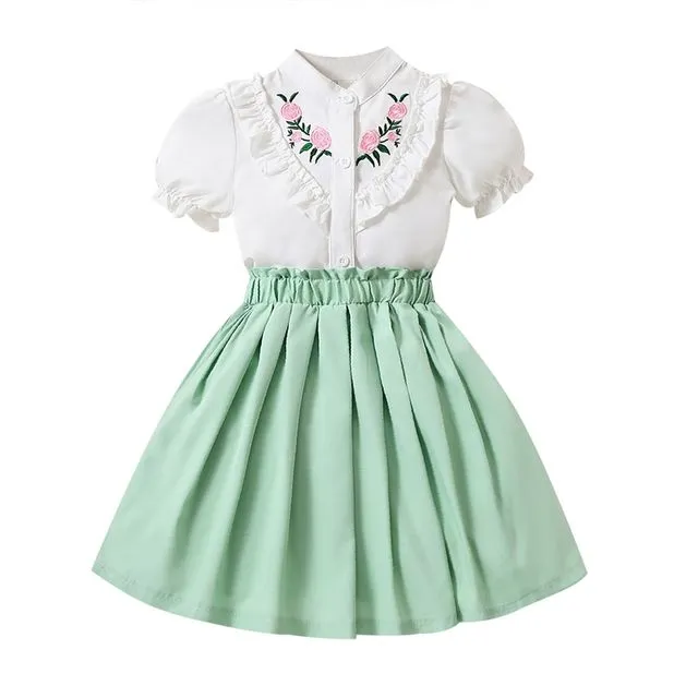 Girls Pastoral Embroidery Lace Puff Sleeve Shirt And Pleated Skirt Two-Piece Set - WHITE
