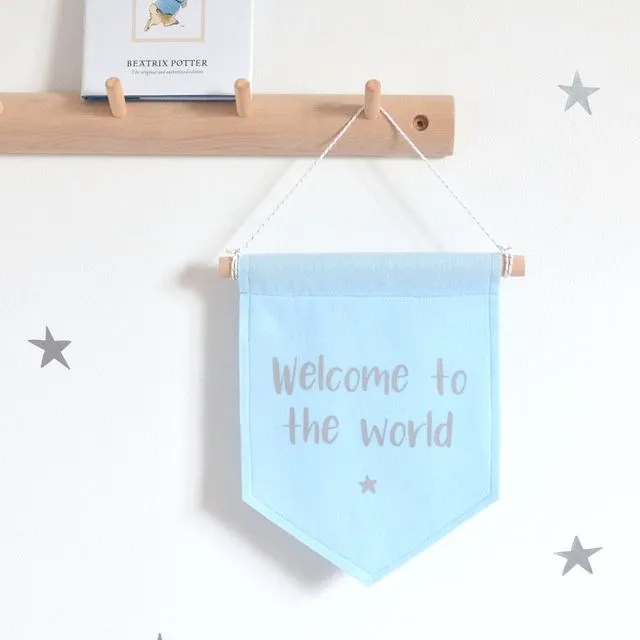 Baby Blue "Welcome To The World" Felt Banner | Nursery Decor