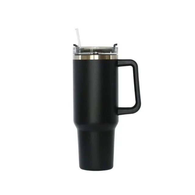 40 Oz Stainless Steel Tumbler with Handle &amp; Straw - Black