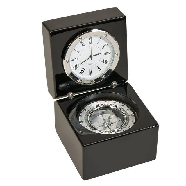 Blk Sq Wd Box W/Clock &amp; Compass