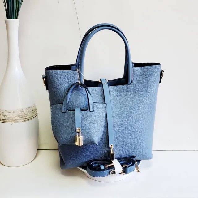 New arrival trendy soft pu leather women's tote bag long crossbody strap with small cute bag 8888 Blue