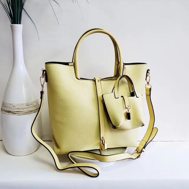 New arrival trendy soft pu leather women's tote bag long crossbody strap with small cute bag 8888 Yellow