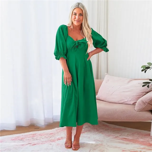 Sexy And Elegant Slim V-Neck Lantern Sleeve Dress - GREEN