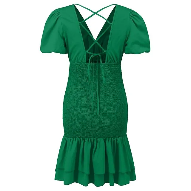 V-Neck Pleated Slim And Sexy Backless Strappy Puff Sleeve Short Dress - GREEN